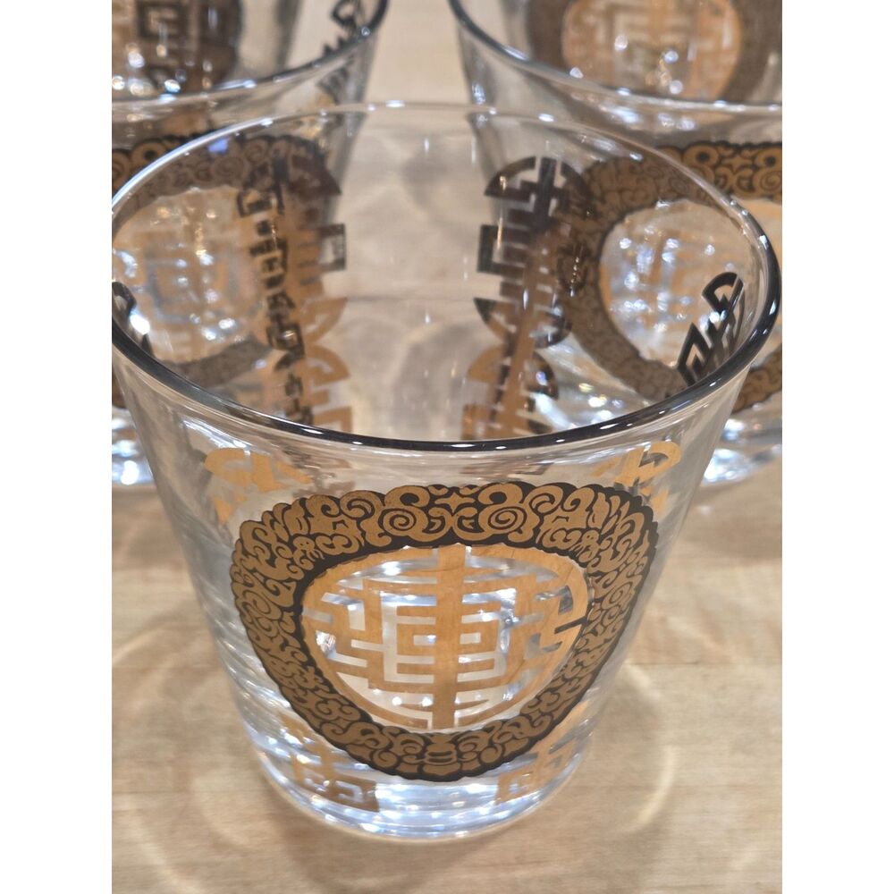 Vintage Mid Century Culver Asian Dynasty Gold Black Rocks Glasses Set 5 Lowball